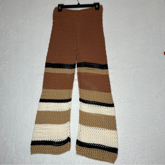 ZARA Womens Crochet Pants Cream Beige Neutral Stripes Beachy Boho Wide Leg Size - Picture 2 of 12